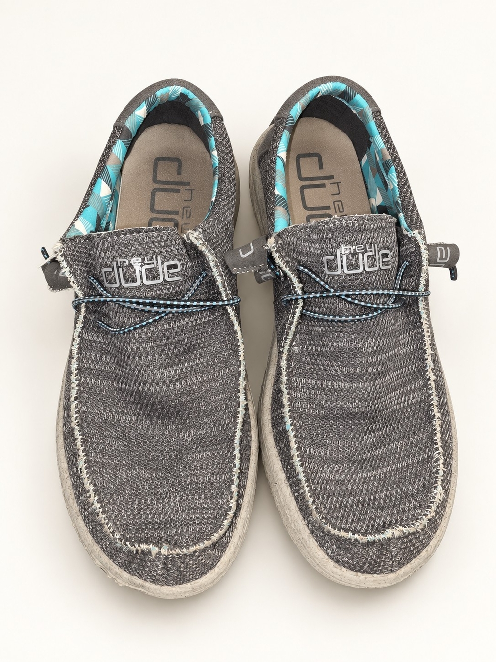 Hey Dude Gray Knit Slip On Shoes Teal Print Lining Men’s Size 9